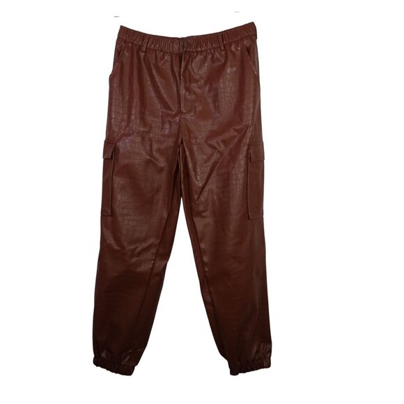 Fashion Nova Brown Faux Leather Croc Pattern Cargo Jogger Pants Women Size L - Picture 1 of 12